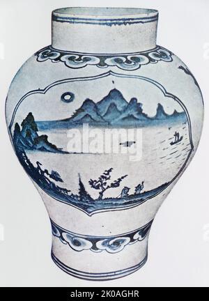 Vase bleu et blanc avec motif paysage encadré. De l'époque de la dynastie Joseon (1392 - 1910) Banque D'Images