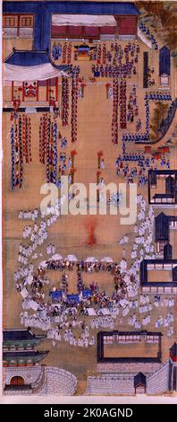 Procession de huit jours menée par le roi Jeongjo, le roi tirant des flèches au Pavillon Deukjung. L'ère Joseon en Corée Banque D'Images