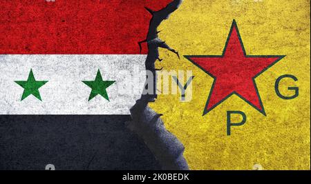 La Syrie contre les drapeaux de YPG sur un mur avec une fissure. YPG et Syrie conflit, crise de guerre, économie, relation, concept commercial Banque D'Images