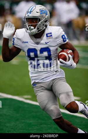 10 septembre 2022: Middle Tennessee Blue Raiders Wide Receiver Jaylin Lane (83) court après la prise dans le match de football entre l'État du Colorado et le Middle Tennessee au stade Canvas à fort Collins, CO. MTSU a déployé à un 34-0 plomb sur la route et a tenu sur la victoire 34-19. Derek Regensburger/CSM. Crédit : CAL Sport Media/Alay Live News Banque D'Images