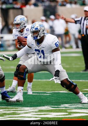 10 septembre 2022: Intermédiaire Tennessee Blue Raiders offensif lineman J'shun Bodiford (61) se met à bloquer dans le jeu de football entre l'État du Colorado et le Middle Tennessee au stade Canvas à fort Collins, CO. MTSU a déployé à un 34-0 plomb sur la route et a tenu sur la victoire 34-19. Derek Regensburger/CSM. Crédit : CAL Sport Media/Alay Live News Banque D'Images