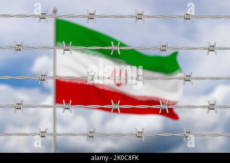 Drapeau de l'Iran et fil métallique barbelé en acier sur fond de ciel. 3D illustration Banque D'Images