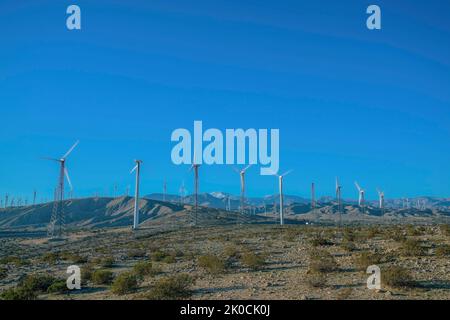 Éoliennes avec tours tubulaires et à treillis dans un désert de Californie. Ferme du moulin à vent près de la chaîne de montagnes contre le ciel bleu. Banque D'Images
