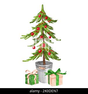 Aquarelle pin de Noël dessiné à la main avec des ornements rouges mignon présente cadeaux boîtes dans des contenants scandinaves gris, seau en métal. Hiver vacances sapin épicéa design dans le style nordique minimaliste intérieur confortable style tendance Banque D'Images