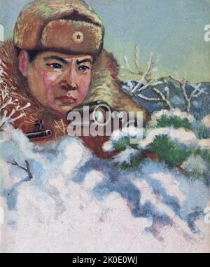 Magazine Propaganda Illustration illustrant un soldat nord-coréen à la frontière de la Corée du Sud, 1963. Banque D'Images