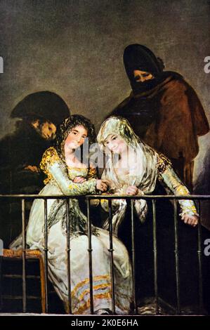 Majas sur un balcon (Las Majas en el balcon), peinture à l'huile de Francisco Goya, terminée entre 1808 et 1814, tandis que l'Espagne était engagée dans l'état de conflit après l'invasion des forces françaises de Napoléon. Banque D'Images