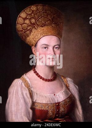 Portrait d'une femme inconnue en costume russe, 1784. Huile sur toile par Ivan Petrovich Argunov (1729-1802) peintre russe, l'un des fondateurs de l'école russe de la peinture de portrait. Banque D'Images