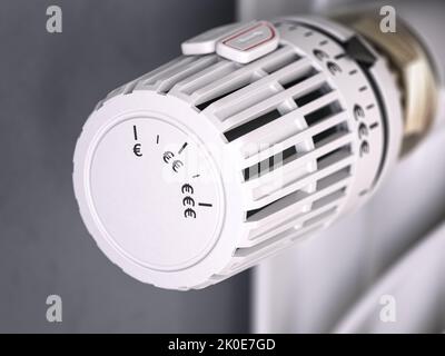 Thermostat du radiateur de chauffage avec signe euro. Crise énergétique, efficacité énergétique et augmentation des coûts de chauffage en Europe concept. 3d illustration Banque D'Images