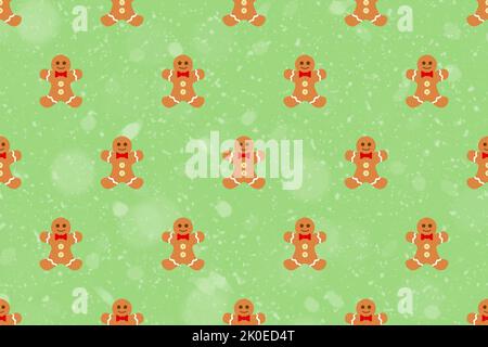 Motif de Noël des biscuits au pain d'épice sur fond vert et enneigé. Motif minimal. Arrière-plan texturé amusant et coloré Banque D'Images