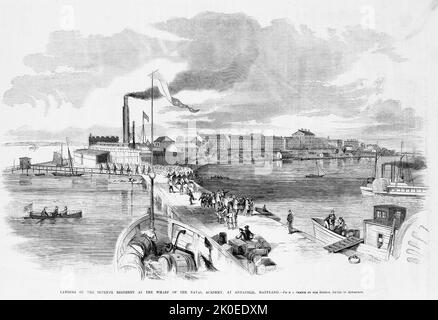 Débarquement du New York Seventh Regiment au quai de l'Académie navale, à Annapolis, Maryland, mai 1861. Illustration de la guerre de Sécession américaine du 19th siècle tirée du journal illustré de Frank Leslie Banque D'Images
