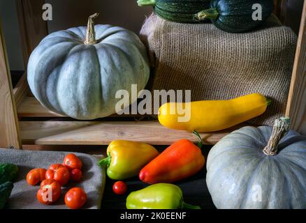 Moelle végétale, poivron doux et citrouilles en garde-manger, encore la vie de nourriture biologique sur des étagères en bois. Courgettes et tomates dans un intérieur rustique. Récolte Banque D'Images