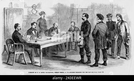 Interior of U.S. Naval Recruiting Rendezvous, Cherry Street, New York - marins s'enrôler pour le Service, mai 1861. Illustration de la guerre de Sécession américaine du 19th siècle tirée du journal illustré de Frank Leslie Banque D'Images