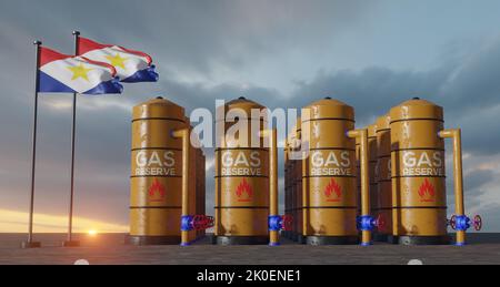 Réserve de gaz Saba, réservoir de stockage de gaz Saba, réservoir de gaz naturel Saba avec drapeau Saba, sanction sur le gaz, 3D travaux et 3D images Banque D'Images