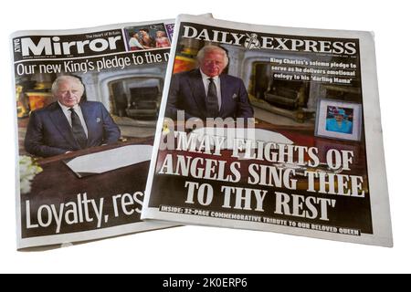 10 septembre 2022. Daily Mirror et Daily Express des extrémités opposées du spectre politique ont des pages de couverture similaires pour l'accession du roi Charles III Banque D'Images