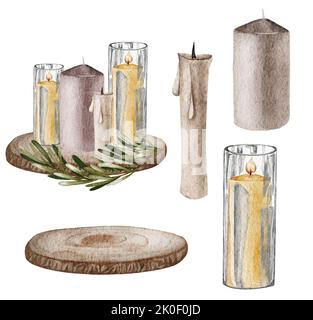 Objet de ferme moderne de Noël. Cadeaux de Noël. Bougies, nourriture décoration en bois. Aquarelle Illustration Banque D'Images