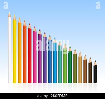 Crayons de couleur, crayons de différentes longueurs, de plus en plus court - illustration fond bleu dégradé. Banque D'Images