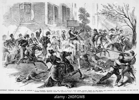 Le lieutenant Charles Henry Tompkins, à la tête de la compagnie B des Dragoons américains, se renverse dans la ville de Fairfax court House, tuant trente de l'ennemi et portant cinq prisonniers, devant quinze cents troupes de la sécession sur 1 juin 1861. Bataille de Fairfax court House dans la guerre de Sécession. Illustration du 19th siècle du journal illustré de Frank Leslie Banque D'Images