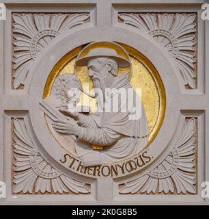 Saint-Jérôme. Secours sur la chaire dans l'église des Saints Cosmas et Damian à Clervaux, Luxembourg. Banque D'Images