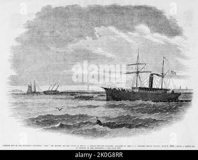 La sortie de la goélette du Sud « Aid », au large de Mobile, Alabama, par les bateaux de la frégate à vapeur américaine Niagara, assistés par le vapeur américain Mount Vernon, 5 juin 1861. Illustration de la guerre de Sécession américaine du 19th siècle tirée du journal illustré de Frank Leslie Banque D'Images