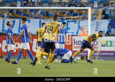 Le Loic Lapussin de l'Union célèbre après avoir remporté un match de football entre RUSG Royale Union Saint-Gilloise et KRC Genk, le dimanche 11 septembre 2022 à Forest-Vorst, Bruxelles, le 8 e jour de la première division du championnat belge de la « Jupiler Pro League » 2022-2023. BELGA PHOTO BRUNO FAHY Banque D'Images