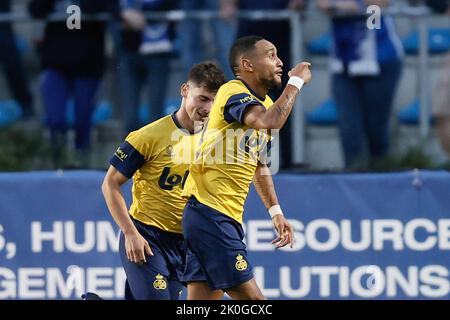 Le Loic Lapussin de l'Union célèbre après avoir remporté un match de football entre RUSG Royale Union Saint-Gilloise et KRC Genk, le dimanche 11 septembre 2022 à Forest-Vorst, Bruxelles, le 8 e jour de la première division du championnat belge de la « Jupiler Pro League » 2022-2023. BELGA PHOTO BRUNO FAHY Banque D'Images