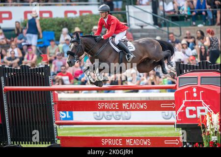 Calgary (Alberta), Canada, le 11 septembre 2022. Pie Schwizer (SUI) à cheval Vancouver de Lanlore, CSIO Spruce Meadows Masters, - Grand Prix du CP : Credit Peter Llewellyn/Alamy Live News Banque D'Images