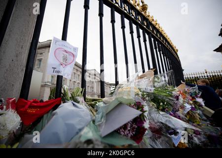 Londres, Royaume-Uni. 11th septembre 2022. Hommages de fleurs vus à l'extérieur de la porte du Palais de Buckingham. Des milliers de millions de personnes du monde entier continuent de venir au Palais de Buckingham pour rendre hommage à la reine Elizabeth II, qui était sur son trône depuis plus de 70 ans et est décédée le 8th septembre 2022. Crédit : SOPA Images Limited/Alamy Live News Banque D'Images