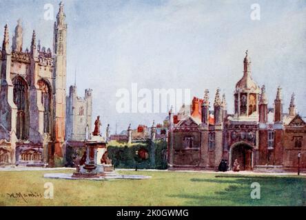 La chapelle du King's College et le terrain d'entrée, depuis les bâtiments des Fellows Cambridge Une partie de la chapelle est vue à gauche de la photo avec la tour de la Grande Sainte-Marie au loin. L'écran et la porte sont sur la droite peint par William Matlison, 1853-1926 en 1907 Banque D'Images