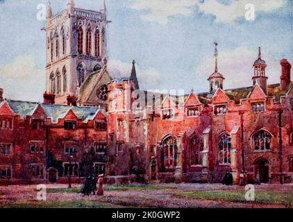 La deuxième cour de S. John's College Cambridge la porte sur la droite mène à la cour de FirsV, la salle à manger est dans le bâtiment sur la droite et la salle de combinaison sur la gauche de la photo. En arrière-plan se trouve la Tour de la Chapelle avec la lumière du coucher de soleil sur elle peinte par William Matlison, 1853-1926 en 1907 Banque D'Images