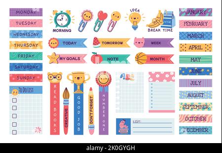 Autocollants du journal scolaire. Agenda de dessin animé étiquette étiquettes mémo, agenda mignon agenda agenda calendrier badge bundle, pages bloc-notes collants. Vecteur isolé Illustration de Vecteur