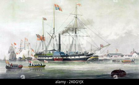 Arrivée de la reine Victoria et du prince Albert à bord du navire Trident à Woolwich Dockyard, le 12 septembre 1842. Gravure de E. Duncan à la suite d'un dessin en couleur de William John Huggins, publié par Huggins (1843). HMS Trident était une boucle à aubes en fer construite pour la Royal Navy par Ditchburn & Mare en 1845 à Leamouth, Londres. [2] elle a servi en Méditerranée, au large de l'Afrique de l'Ouest et dans l'Atlantique Sud, et a été décomposée en 1866. Banque D'Images