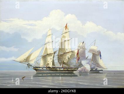 La capture du slaver 'formidable' par le HMS 'Buzzard', 17 décembre 1834 le tableau Huggins représente le brig espagnol 'formidable' pris par le HM brigantine 'Buzzard', 10 canons, le 17 décembre 1834. Banque D'Images