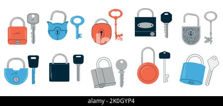 Clés et verrous. Doodle clés abstraites vintage et moderne avec différentes formes et tailles de têtes, symboles d'outils sécurisés et logos immobiliers. Ensemble de vecteurs Illustration de Vecteur