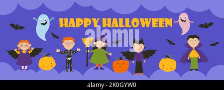 Enfants en costumes sorcières, vampire, mort, fantômes, citrouilles et chauves-souris, Bannière de fête d'Halloween. Illustration vectorielle Illustration de Vecteur