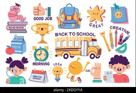 Autocollants scolaires. Ensemble abstrait de fournitures de papeterie, paquet d'autocollants de cartoon Daily routine Planner, badges de rappel de livres d'éducation colorés. Ensemble de vecteurs Illustration de Vecteur