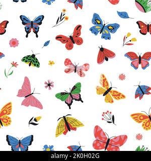 Motif papillons. Impression sans couture d'insectes volants de dessins animés de couleur, fond de répétition de mode pour textile, papier peint, conception de tissu. Texture vectorielle Illustration de Vecteur