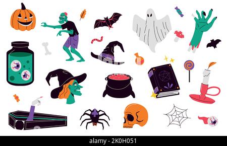 Collection Halloween. Mignon crainky éléments de dessin animé style plat, effrayant personnages drôles pour octobre fête affiche des autocollants de vacances. Ensemble vectoriel isolé Illustration de Vecteur