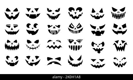 Visages effrayants. Halloween potiron visages, lanterne de jack créepy avec l'expression de fantôme mal et les yeux en colère, collection de visage de monstre d'horreur. Vecteur isolé Illustration de Vecteur