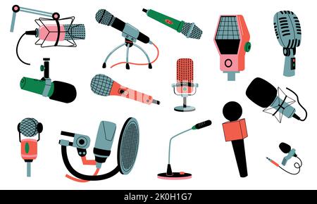 Ensemble de microphones à dessin animé. Microphones pour les performances sur scène, l'enregistrement en studio, la diffusion de podcasts audio, le karaoké vocal, l'équipement d'enregistrement de musique à plat Illustration de Vecteur