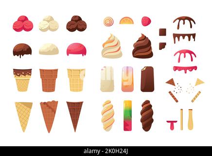 Fabricant de crème glacée. Ingrédients et morceaux de dessert d'été frais de dessin animé, gaufres colorées, fruits, boules laiteuses de crème glacée et garnitures. Vecteur Illustration de Vecteur