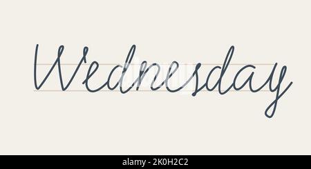 Mercredi. Lettres manuscrites du nom du jour de la semaine. Lettrage écrit sur une ligne droite. Texte dessiné à la main sur fond blanc. Illustration de Vecteur