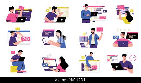 Notion : codage des caractères. Développeurs de dessins animés travaillant sur la programmation web et le développement d'applications, les logiciels de test métaphores de style plat. Vecteur Illustration de Vecteur
