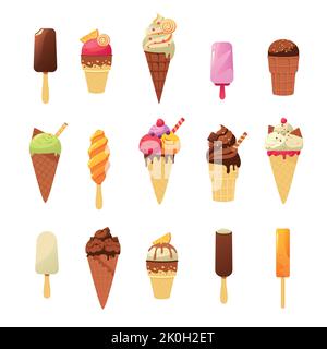 Crème glacée colorée dessert. Dessert d'été doux et froid de dessin animé de différentes formes et couleurs dans des tasses de gaufres et sur des bâtons de bois couverts de garniture Illustration de Vecteur