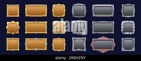 Boutons du menu jeu. Cadres d'interface utilisateur en métal de dessin animé, 2D sprite design graphique pour web mobile app RPG actif de jeu. Collection à vecteur isolé Illustration de Vecteur