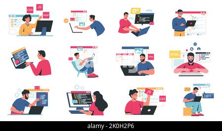 Développement front-end et back-end. Caractères abstraits travaillant sur la conception de Web réactive, l'interface d'application de site Web, les programmeurs codant et créant Illustration de Vecteur