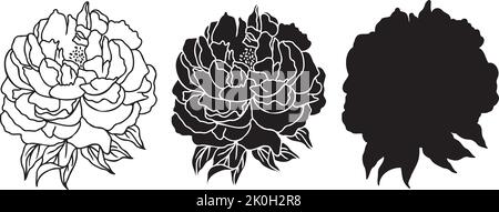 Contour SVG des pivoines vectorielles. Pivoines dessinées à la main Florals Silhouette. Une ligne de fleurs de pivoine isolé iilustration. Illustration de Vecteur