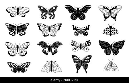 Silhouettes papillons. Des croquis noirs d'insectes ailés volants, des contours de papillons de caniche monochromes pour le tatouage, la gravure, la décoration. Vecteur Illustration de Vecteur