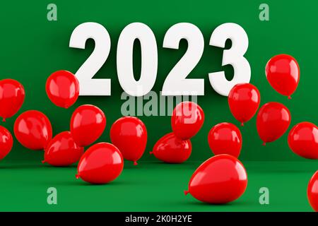 Bonne fête de l'an 2023 et concept de shopping. Ballons d'hélium d'air volant rouges avec le texte 2023 sur le mur. 3D rendu. Banque D'Images