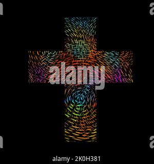 Croix religieuse multicolore sur fond noir. Joyeuses Pâques. Illustration vectorielle Illustration de Vecteur