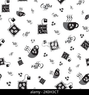 Sac à café et tasses à fond vectoriel sans couture. Toile de fond noir blanc avec sachets de lattes fraîchement brassées jetables, americanos. Grunge la main Illustration de Vecteur